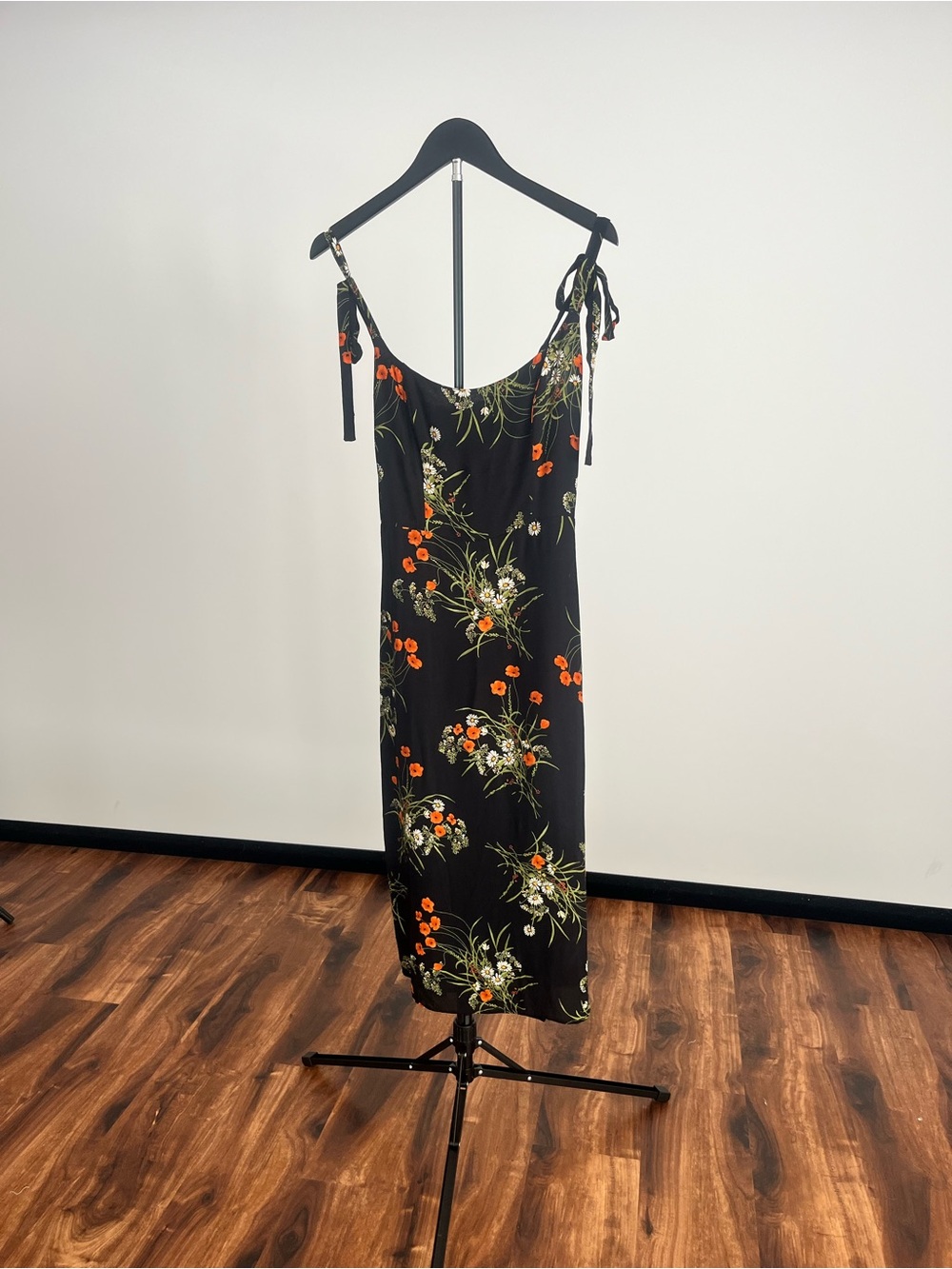 Reformation Black Floral Midi Slip Dress with Orange & Green Blooms